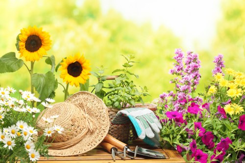 A colourful garden scene featuring a wooden garden table with various gardening tools, including a pair of gardening gloves, pruning shears, and a small hand rake. The table is set against a backdrop of lush greenery with vibrant flowers such as tall sunflowers, purple and pink flowering plants, and white daisies, all thriving in well-maintained flower beds. The garden area appears spacious and sunlit, with a soft-focus background of trees and foliage, suggesting a typical outdoor Haringey backyard designed for gardening and outdoor leisure. The scene showcases a healthy, well-kept lawn with a rich green hue, bordered by flower beds that add natural colour variation and seasonal interest, reflecting professional lawn care and gardening practices by Landscapers Haringey in North London. The overall environment exudes a peaceful, inviting outdoor space ideal for outdoor gardening activities and continuous landscape maintenance.